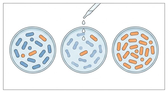 Après l'ajout de l'antibiotique, seules les bactéries résistantes survivent et se multiplient.