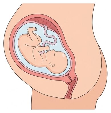 Le fœtus est relié au placenta par le cordon ombilical, dans l'utérus de la mère.
