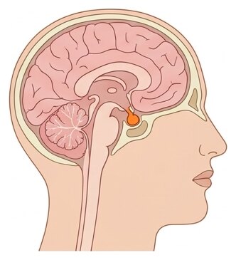Coupe de la tête : l'hypophyse, petite glande sous le cerveau, envoie le signal qui réveille testicules et ovaires.