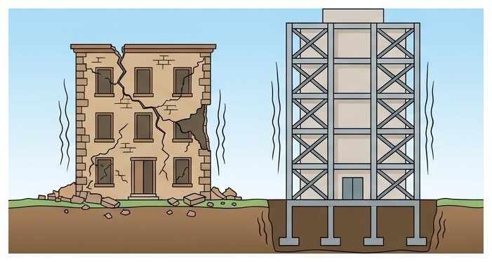 À gauche, un bâtiment vulnérable s'abîme ; à droite, un bâtiment construit aux normes résiste au même séisme.