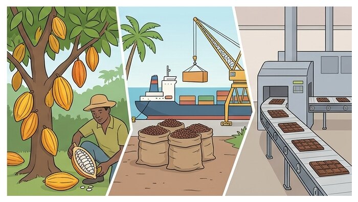 Des cacaoyers du sud ivoirien au port, puis à l'usine à chocolat : la transformation se fait surtout ailleurs.