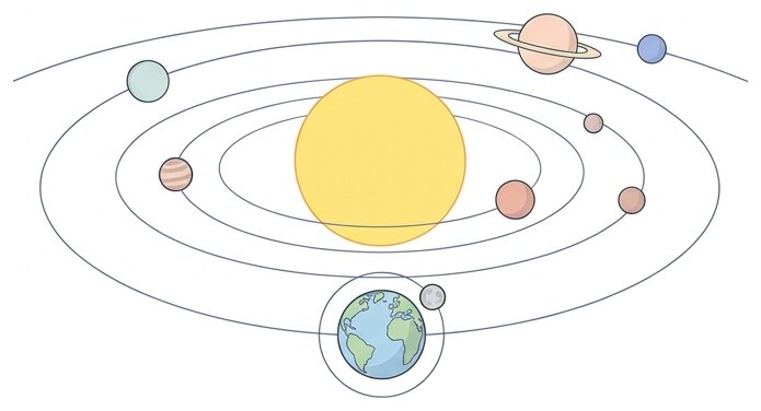 Le Soleil attire les planètes, qui restent en orbite autour de lui ; la Lune tourne de même autour de la Terre.