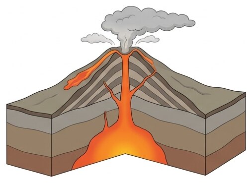 Coupe d'un volcan en éruption : le magma monte de la chambre magmatique jusqu'au cratère par la cheminée.