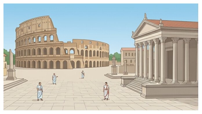 Le Colisée, le Forum et un temple à colonnes : le cœur de Rome, l'Urbs.