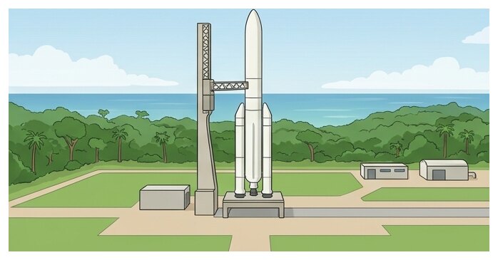Une fusée sur son pas de tir au centre spatial de Kourou, en Guyane, entre forêt équatoriale et océan.
