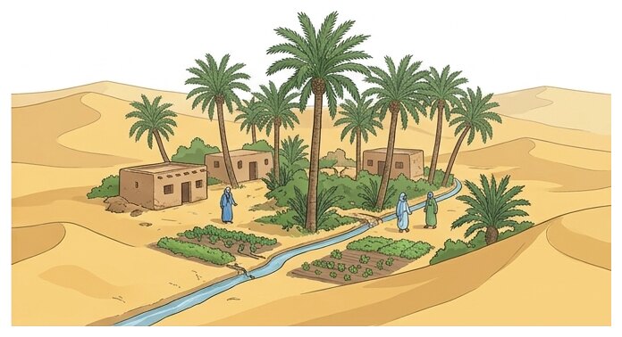 Dans une oasis, l'eau permet de vivre et de cultiver au milieu du désert.