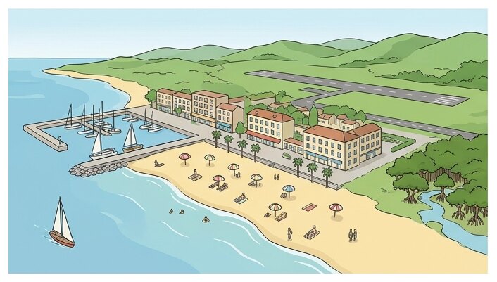 Une station balnéaire : hôtels, plage, port et aéroport transforment le paysage du littoral, près d'espaces naturels fragiles.