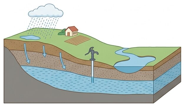 La pluie s'infiltre dans le sol et recharge la nappe phréatique, d'où l'on pompe l'eau.