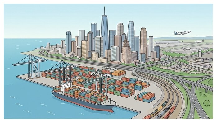 Une grande métropole américaine est reliée au monde par son port, son aéroport et ses réseaux de transport.
