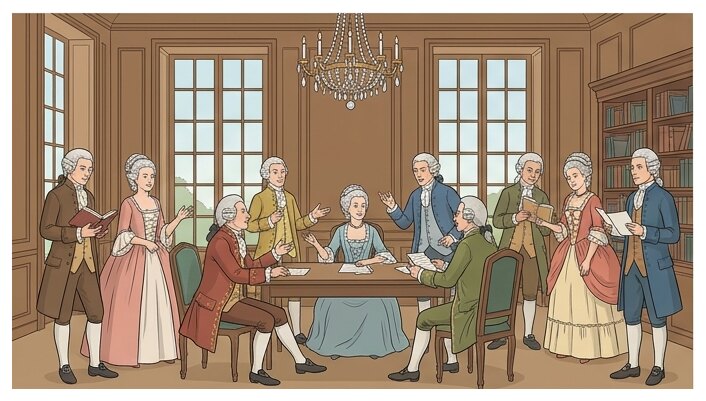 Dans un salon, des écrivains, des nobles et des bourgeois débattent des idées nouvelles autour d'une maîtresse de maison.
