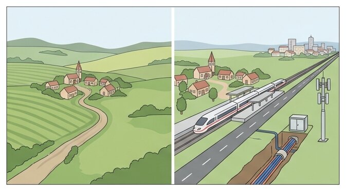 Un village isolé (à gauche) et le même village désenclavé grâce aux transports et au numérique (à droite).