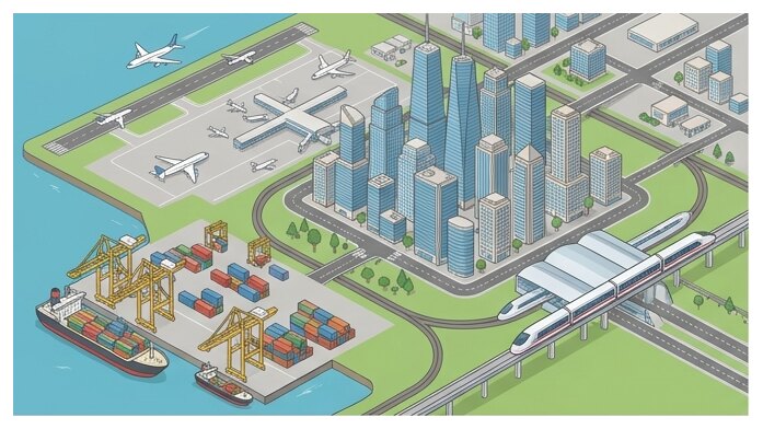 Une ville mondiale cumule gratte-ciel d'affaires, aéroport, port et gare rapide.