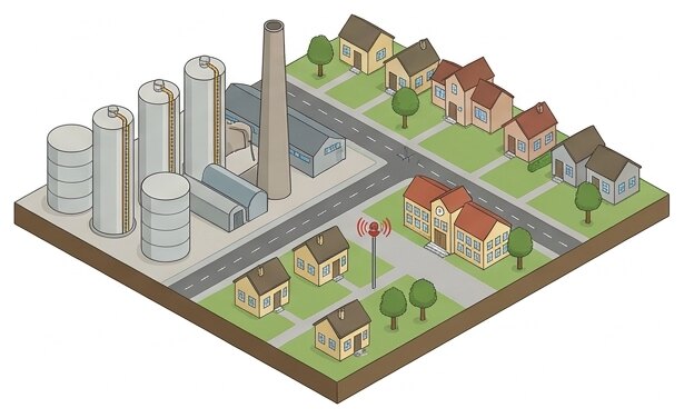 Une usine chimique entourée de maisons et d'une école : l'aléa touche des enjeux proches.