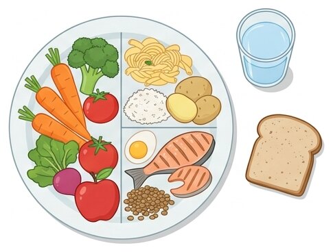 Une assiette équilibrée associe légumes et fruits, féculents et protéines, avec de l'eau pour boire.