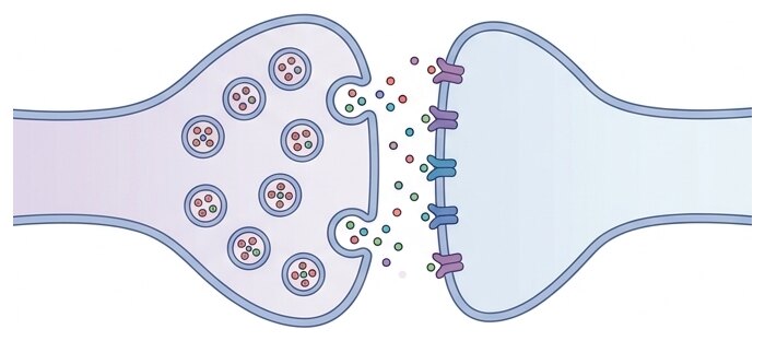 Le message passe d'un neurone à l'autre grâce aux neurotransmetteurs libérés dans la synapse.