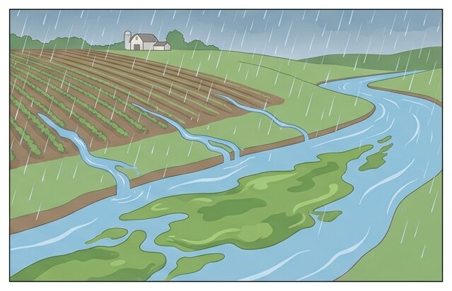 L'eau de pluie entraîne l'excès d'engrais du champ vers la rivière, où les algues prolifèrent.