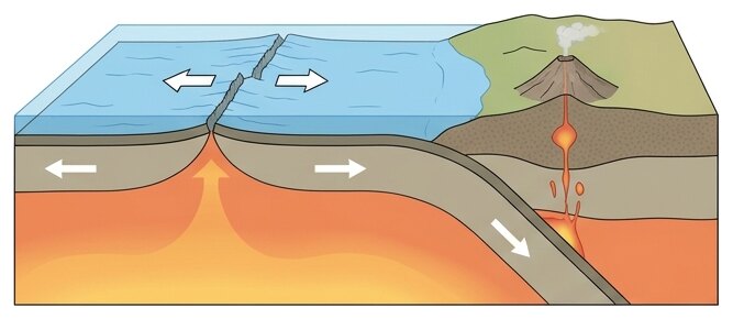 En coupe : à gauche les plaques s'écartent à la dorsale, à droite une plaque océanique plonge sous un continent.
