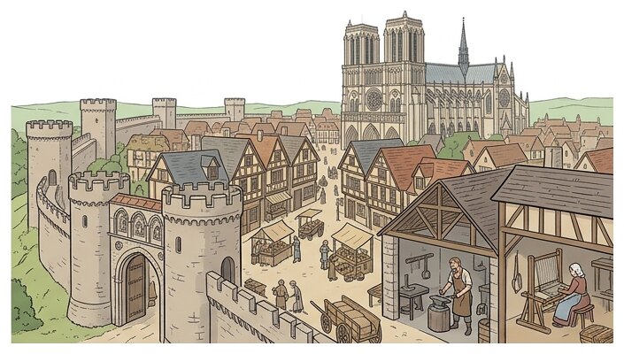 Une ville médiévale : remparts, place de marché, ateliers d'artisans et cathédrale gothique.