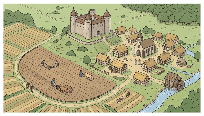 Une seigneurie : le château domine le village, la réserve du seigneur et les terres cultivées par les paysans.