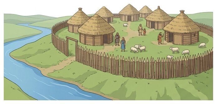 Reconstitution imaginée d'un village de cabanes au bord du Tibre.