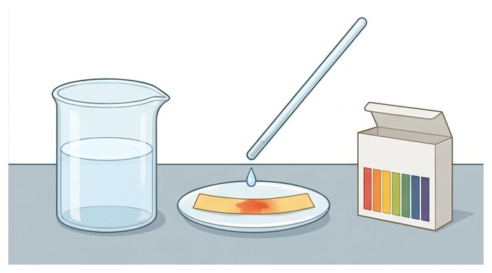 On dépose une goutte de solution sur le papier pH avec une baguette en verre, puis on compare la couleur à l'échelle de la boîte.