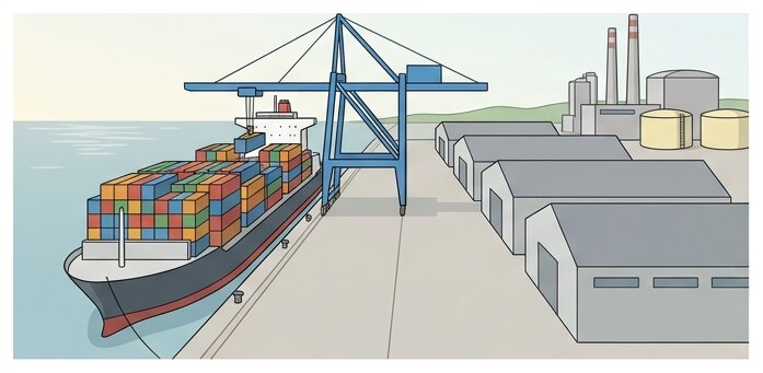 Le port reçoit les marchandises du monde entier et les usines s'installent à côté.
