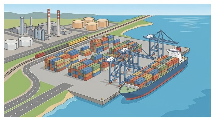Une zone industrialo-portuaire : quais, grues, conteneurs, gros navires et usines côte à côte.