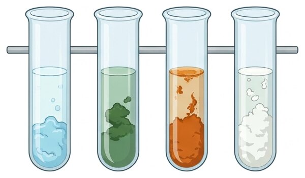 Quatre tubes à essai : la couleur du précipité permet de reconnaître l'ion présent.