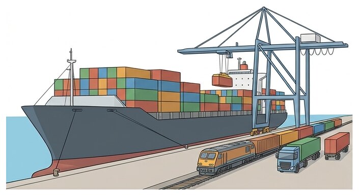 Un porte-conteneurs est déchargé : les conteneurs standardisés passent du bateau au train et au camion.