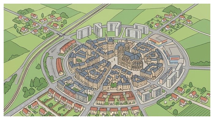 Plus on s'éloigne du centre de la ville, moins les constructions sont denses : centre, banlieue, puis couronne périurbaine.