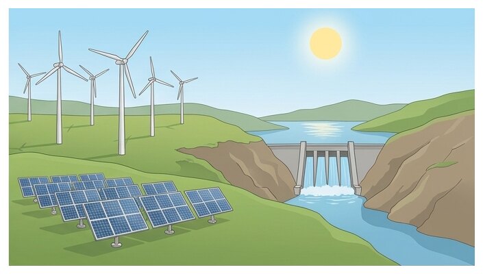 Trois sources d'énergie renouvelable : le vent, le soleil et l'eau d'un barrage.