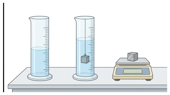 On pèse le bloc avec la balance, puis on mesure son volume : l'eau monte quand on le plonge dans l'éprouvette.