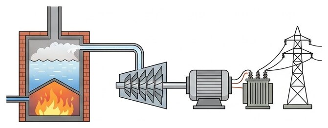 Dans une centrale thermique, la vapeur fait tourner la turbine, qui entraîne l'alternateur.