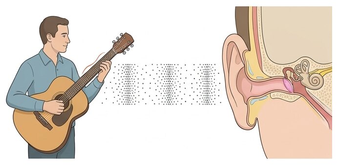 La vibration de la corde se transmet à l'air de proche en proche jusqu'au tympan.